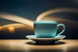 a blue cup and saucer on a wooden table. AI-Generated photo