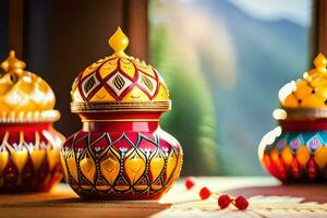 three colorful vases on a table with a window in the background. AI-Generated photo