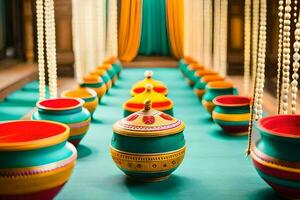 colorful pots lined up on a long table. AI-Generated photo