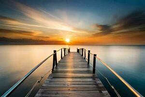 a wooden pier stretching into the ocean at sunset. AI-Generated photo