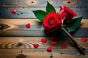 red roses on a wooden table with hearts. AI-Generated photo