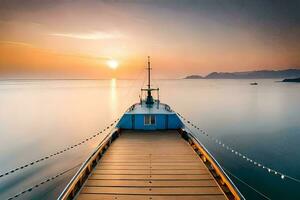 un barco es atracado a el final de un muelle a puesta de sol. generado por ai foto