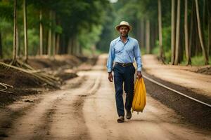 un hombre caminando abajo un suciedad la carretera con un amarillo bolsa. generado por ai foto