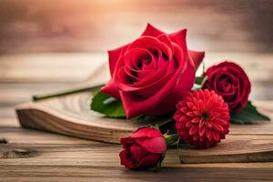 red roses on a wooden table. AI-Generated photo