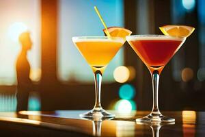 two cocktails on a bar table with a man in the background. AI-Generated photo