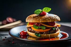 a hamburger with vegetables and sauce on a plate. AI-Generated photo