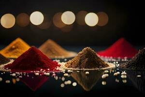 a variety of spices and powders on a black background. AI-Generated photo