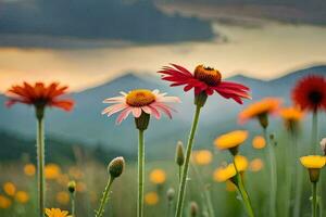flowers in the meadow, mountains, flowers, wildflowers, nature, nature photography. AI-Generated photo