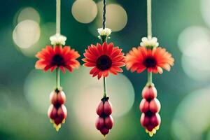 three red flowers hanging from strings. AI-Generated photo