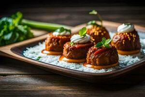meatballs on a plate with rice and vegetables. AI-Generated photo