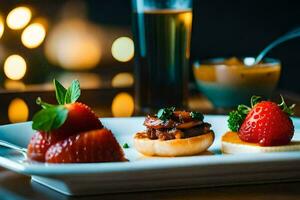 a plate with strawberries and a glass of wine. AI-Generated photo