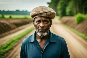an older man wearing a hat stands in a dirt road. AI-Generated photo