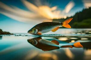 un pescado es reflejado en el agua a puesta de sol. generado por ai foto