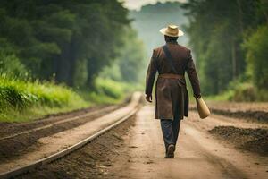 un hombre en un sombrero y Saco caminando abajo un suciedad la carretera. generado por ai foto