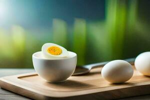 a bowl of boiled eggs on a cutting board. AI-Generated photo