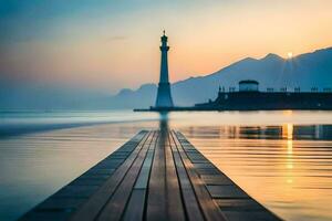 a pier with a lighthouse in the background. AI-Generated photo