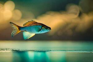 a fish is flying over the water. AI-Generated photo