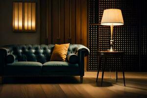 a dark room with a leather couch and lamp. AI-Generated photo