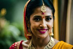 a woman in a traditional sari smiling. AI-Generated photo