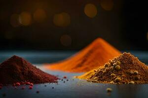 three different types of spices on a table. AI-Generated photo