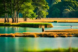 un hombre es pescar en un lago rodeado por arboles generado por ai foto