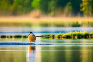 a bird standing in the water with its tail out. AI-Generated photo