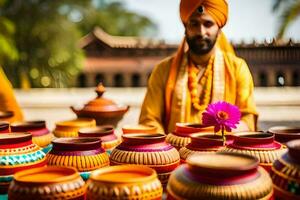 a man in an indian turban is preparing pots for sale. AI-Generated photo