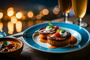 a plate with a dessert and a glass of champagne. AI-Generated photo