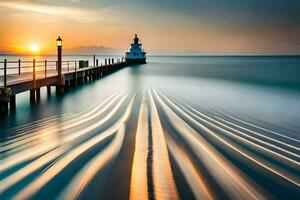 a long exposure photograph of a lighthouse at sunset. AI-Generated photo