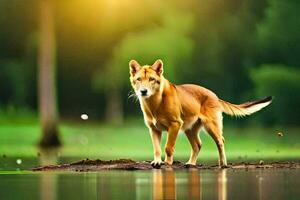 a dog standing on a log in the water. AI-Generated photo