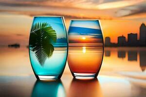 two glasses with a sunset in the background. AI-Generated photo