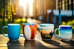 five coffee mugs lined up on a wooden table. AI-Generated photo