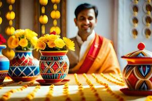 a man in an indian sari sits at a table with colorful vases. AI-Generated photo