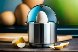 a stainless steel egg holder with an egg in it. AI-Generated photo