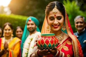 a woman in traditional indian attire holding a pot. AI-Generated photo