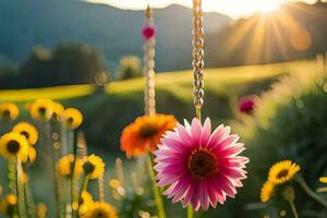 a flower in a field with the sun shining. AI-Generated photo