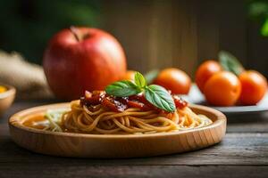 spaghetti with tomatoes and basil on a wooden table. AI-Generated photo