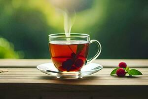 a cup of tea with berries on a wooden table. AI-Generated photo