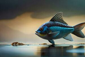 un pescado es en pie en el agua con un oscuro cielo. generado por ai foto