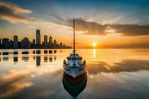 a boat is docked in the water at sunset. AI-Generated photo