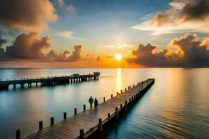 the sun rises over the ocean and pier. AI-Generated photo