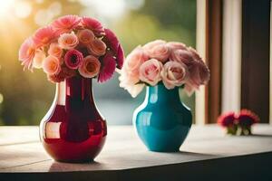 two vases with pink and red flowers sitting on a table. AI-Generated photo