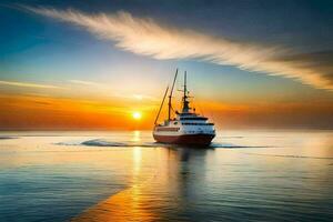 un barco navegación en el Oceano a puesta de sol. generado por ai foto