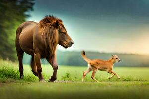 un caballo y un perro caminando en un campo. generado por ai foto