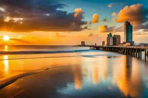 el Dom conjuntos terminado el Oceano y muelle en esta foto. generado por ai foto