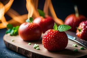 fresas en un de madera corte tablero con un cuchillo y fuego. generado por ai foto