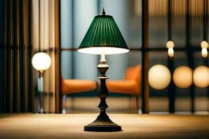 a lamp is sitting on a table in front of a window. AI-Generated photo
