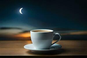 a cup of coffee with a crescent moon in the background. AI-Generated photo