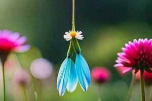 un azul flor colgando desde un cadena. generado por ai foto