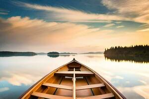 a boat on a calm lake at sunset. AI-Generated photo